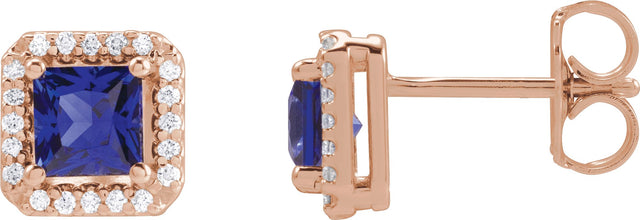 14K Gold Lab-Grown Blue Sapphire Square 4-Prong Halo-Style Earring - Rose Gold