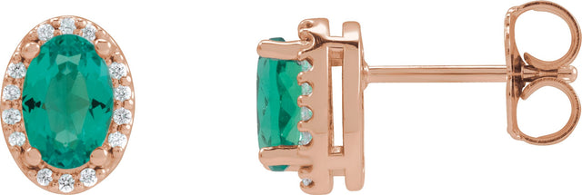 14K Gold Lab-Grown Emerald Oval 4-Prong Halo-Style Low Stud Earring - Rose Gold