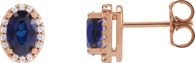 14K Gold Lab-Grown Blue Sapphire Oval 4-Prong Halo-Style Low Stud Earring - Rose Gold