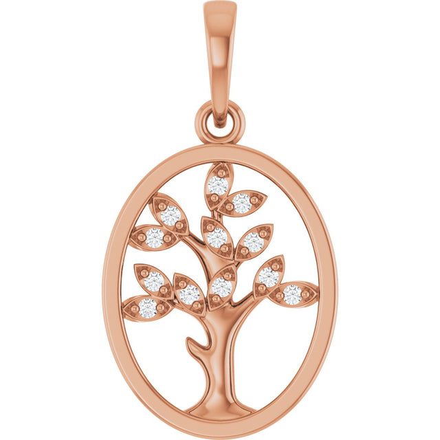 14K Gold Round Natural Diamond Tree of Life Pendant - Rose Gold