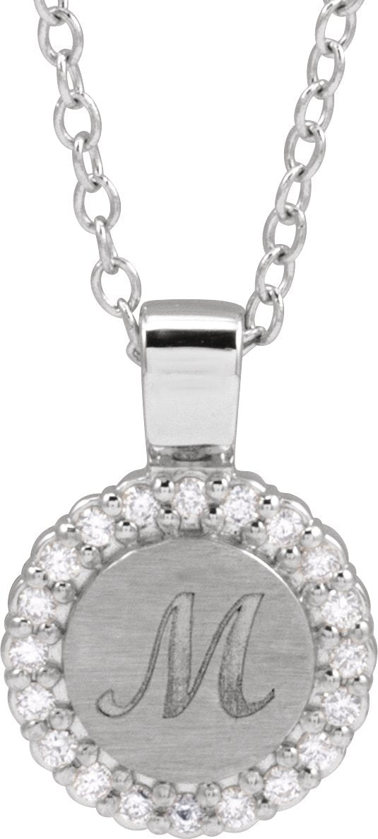 14K Gold Round Natural Diamond Engravable Accented Necklace or Pendant – 1/8 CTW - White Gold
