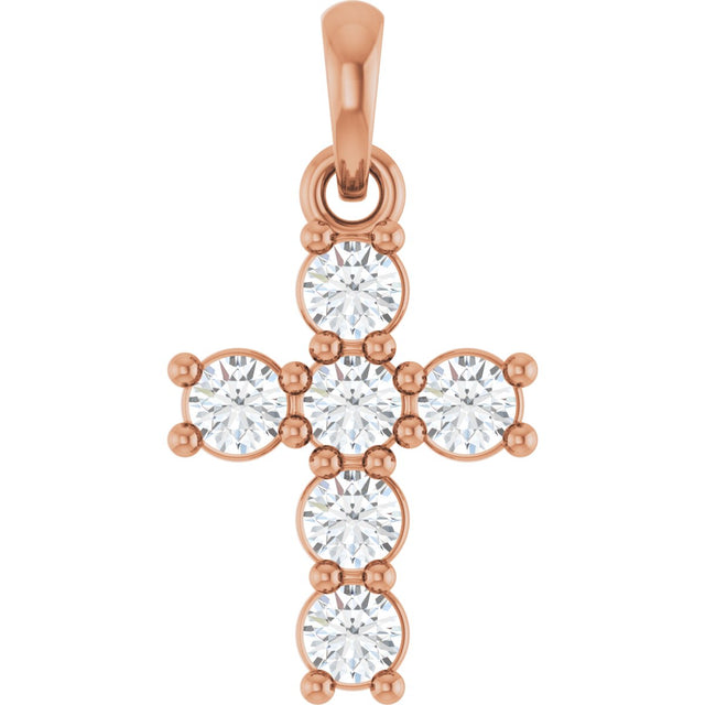 14K Gold Round Lab-Grown Diamond Accented Cross Necklace or Pendant – up to 1 1/2 CTW - Rose Gold