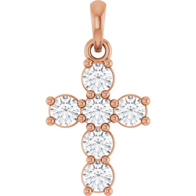 14K Gold Round Natural Diamond Accented Cross Necklace or Pendant – up to 1 1/2 CTW - Rose Gold