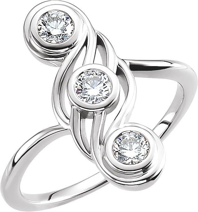 14K Gold Round Natural Diamond Three-Stone Bezel-Set Ring – 3.4mm Stones - White Gold