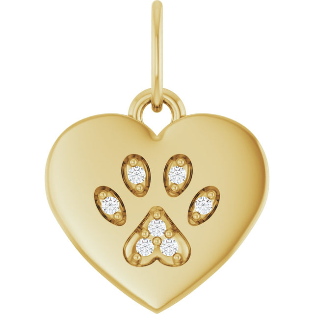 14K Gold Round Natural Diamond Engravable Paw Print Heart Pendant - Yellow Gold