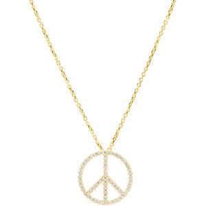 14K Gold Round Natural Diamond Tiny Peace Sign Necklace - Yellow Gold