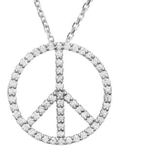 14K Gold Round Natural Diamond Tiny Peace Sign Necklace - White Gold