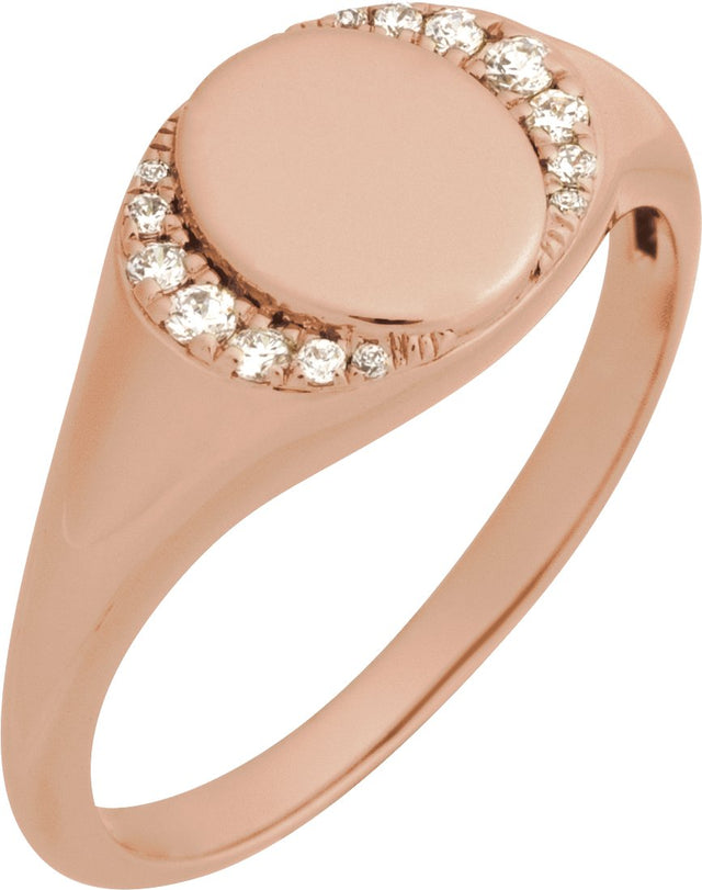 14K Gold Round Natural Diamond Engravable Accented Signet Ring – 1/10 CTW - Rose Gold