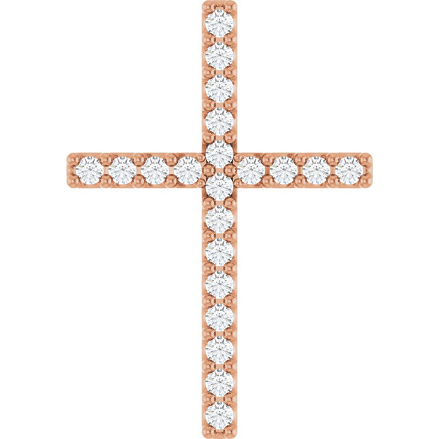 14K Gold Round Natural Diamond Petite Cross Necklace or Pendant - Rose Gold