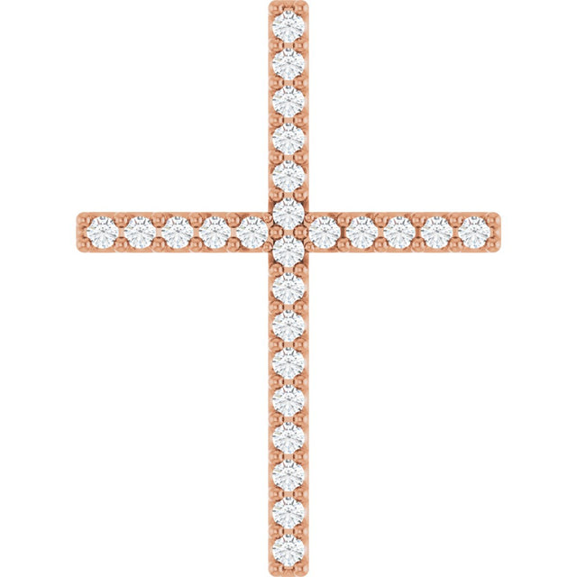 14K Gold Round Natural Diamond Petite Cross Necklace or Pendant - Rose Gold