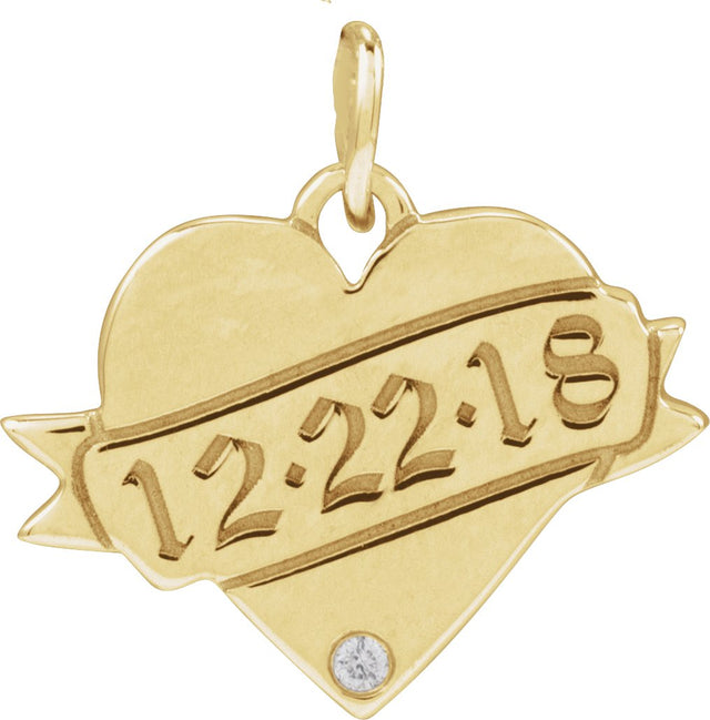 14K Gold Round Natural Diamond Engravable Accented Heart Necklace or Pendant – 005 CTW - Yellow Gold