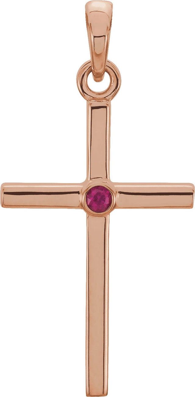 14K Gold Round Natural Ruby Cross Pendant - Rose Gold