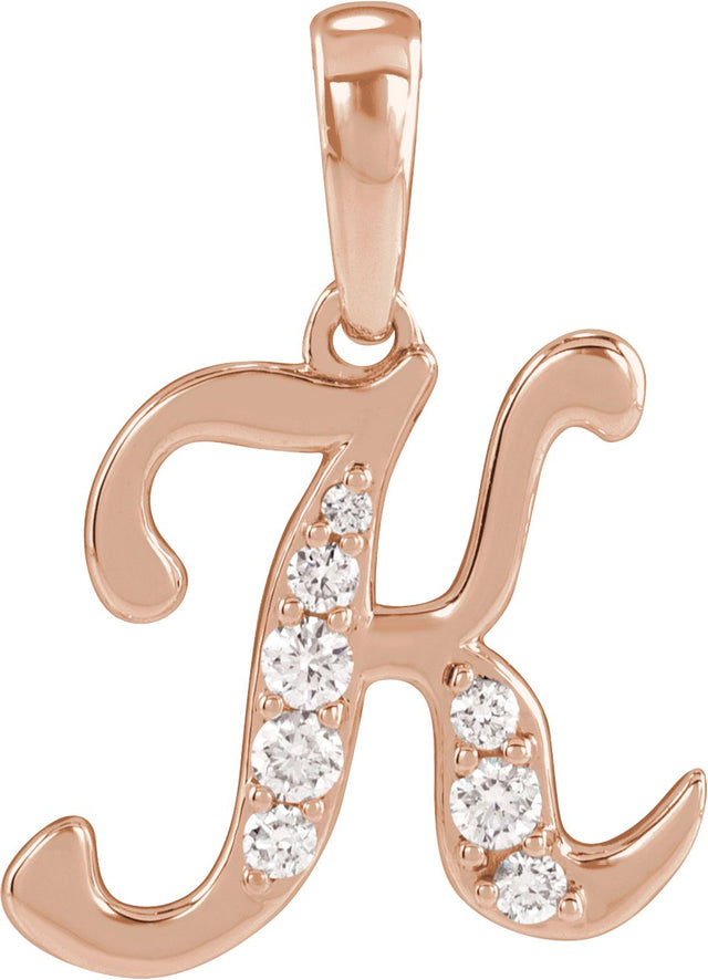 14K Gold Round Natural Diamond Accented Initial Necklace or Pendant - Rose Gold