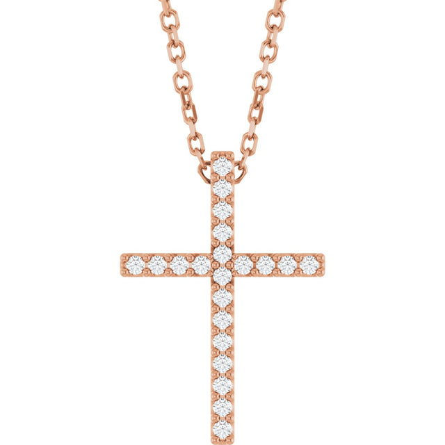 14K Gold Round Natural Diamond Petite Cross Necklace or Pendant – 1mm Stones - Rose Gold