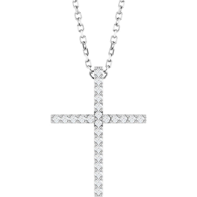 14K Gold Round Natural Diamond Petite Cross Necklace or Pendant – 1mm Stones - White Gold