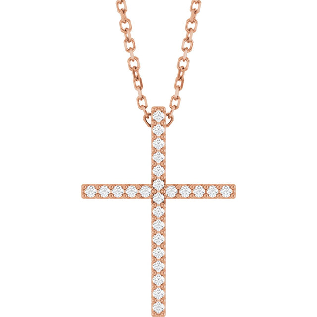 14K Gold Round Natural Diamond Petite Cross Necklace or Pendant – 1mm Stones - Rose Gold