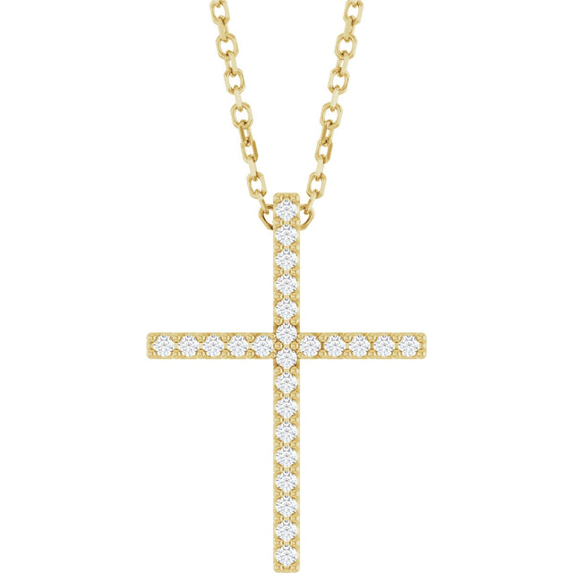14K Gold Round Natural Diamond Petite Cross Necklace or Pendant – 1mm Stones - Yellow Gold