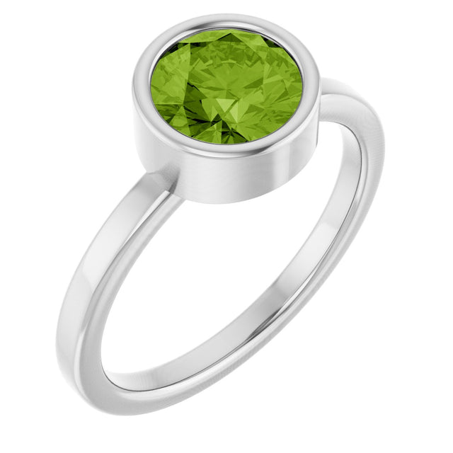 14K Gold Round Natural Peridot Bezel-Set Solitaire Ring - White Gold