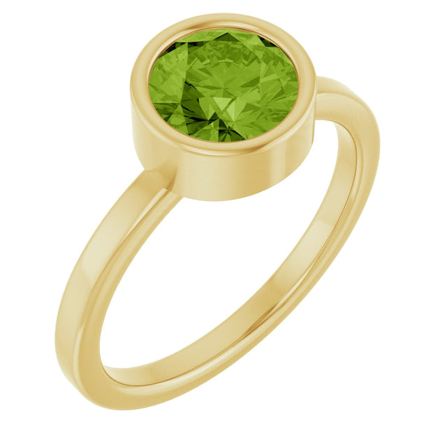 14K Gold Round Natural Peridot Bezel-Set Solitaire Ring - Yellow Gold