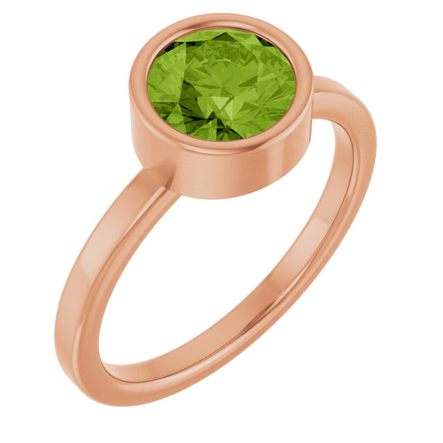 14K Gold Round Natural Peridot Bezel-Set Solitaire Ring - Rose Gold
