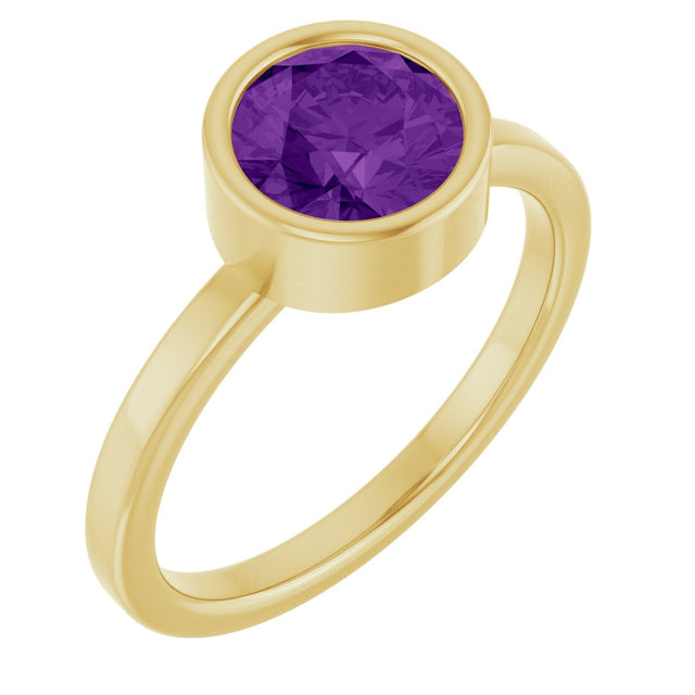 14K Gold Round Natural Amethyst Bezel-Set Solitaire Ring - Yellow Gold