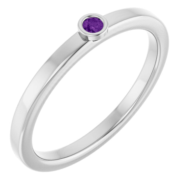 Platinum Round Natural Amethyst Bezel-Set Solitaire Ring