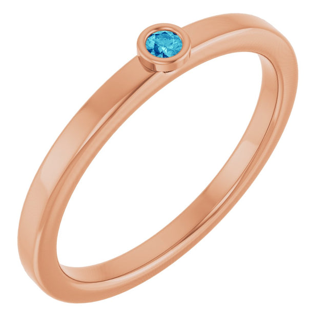 14K Gold Round Natural Blue Zircon Bezel-Set Solitaire Ring - Rose Gold