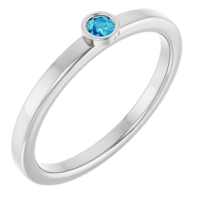 Platinum Round Natural Blue Zircon Bezel-Set Solitaire Ring