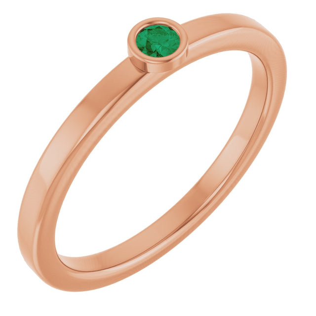 14K Gold Round Natural Emerald Bezel-Set Solitaire Ring - Rose Gold