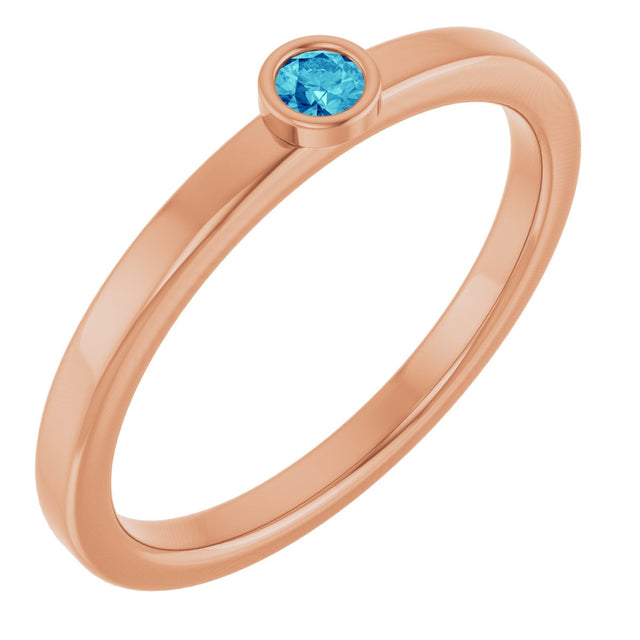 14K Gold Round Natural Blue Zircon Bezel-Set Solitaire Ring - Rose Gold