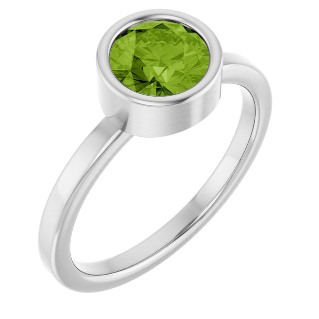 Platinum Round Natural Peridot Bezel-Set Solitaire Ring