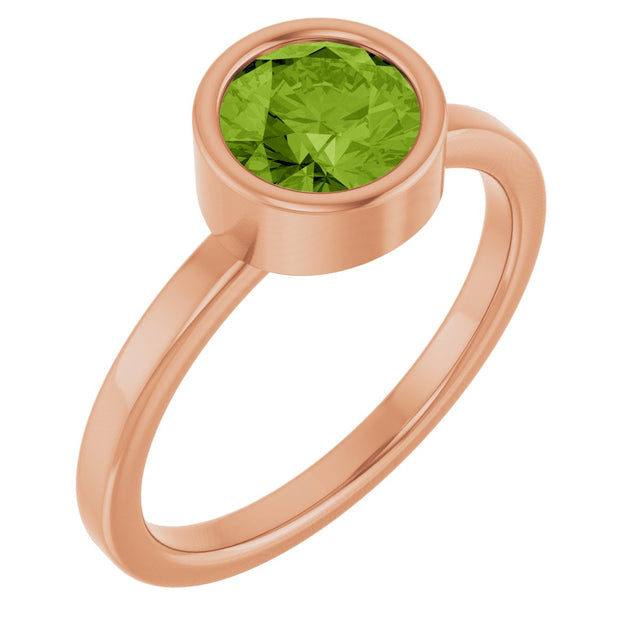 14K Gold Round Natural Peridot Bezel-Set Solitaire Ring - Rose Gold