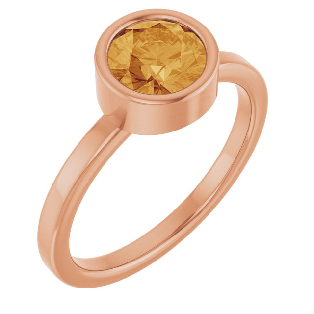 14K Gold Round Natural Citrine Bezel-Set Solitaire Ring - Rose Gold