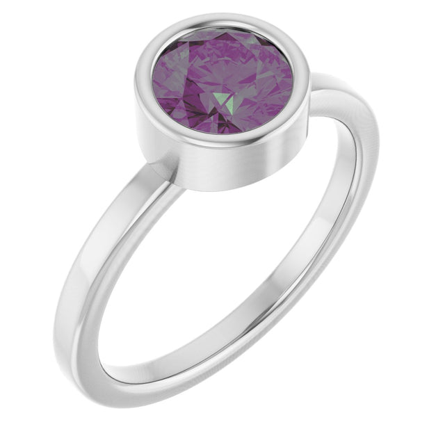 14K Gold Round Lab-Grown Alexandrite Bezel-Set Solitaire Ring - White Gold