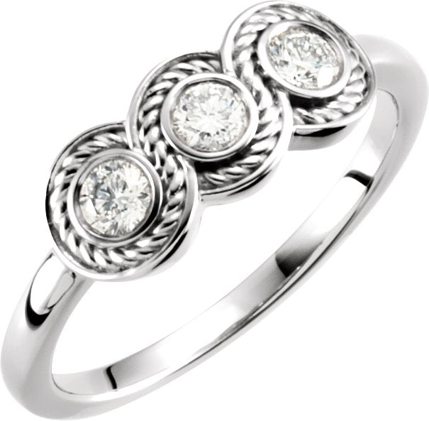 14K Gold Round Natural Diamond Three-Stone Bezel-Set Ring II - White Gold