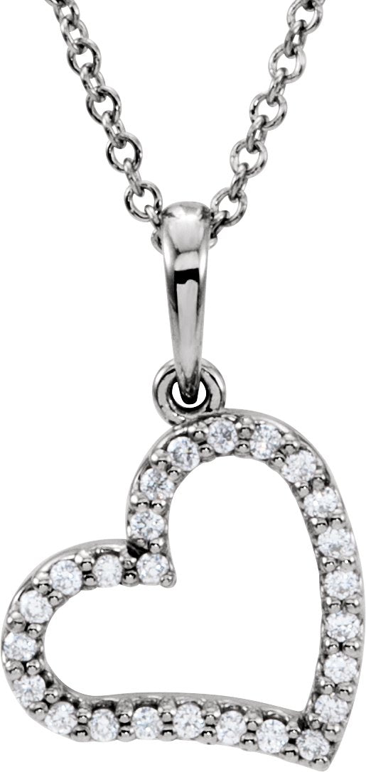 14K Gold Round Natural Diamond Heart Necklace or Pendant - White Gold
