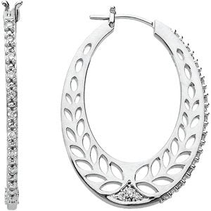 14K Gold Round Natural Diamond Floral U-Hoop Earrings - White Gold