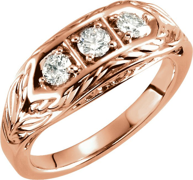 14K Gold Round Natural Diamond Three-Stone Leaf Ring - Rose Gold