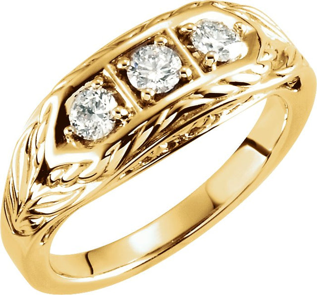14K Gold Round Natural Diamond Three-Stone Leaf Ring - Yellow Gold
