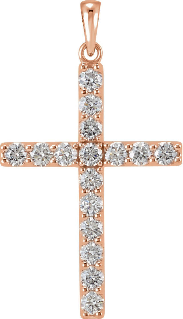 14K Gold Round Natural Diamond Accented Cross Necklace or Pendant - Rose Gold