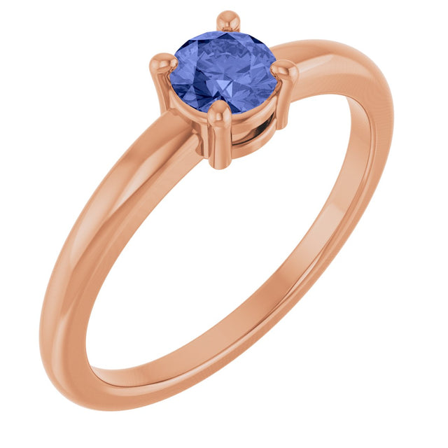 14K Gold Round Natural Tanzanite Solitaire Ring - Rose Gold