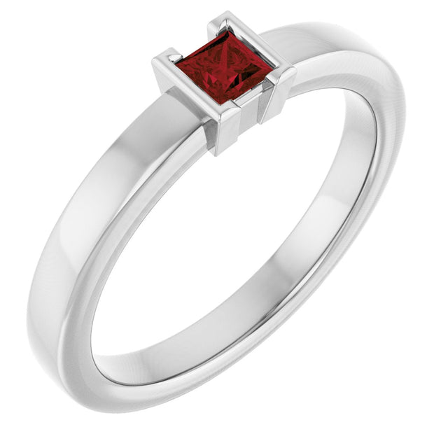 14K Gold Emerald Natural Mozambique Garnet Half-Bezel Family Stackable Ring - White Gold