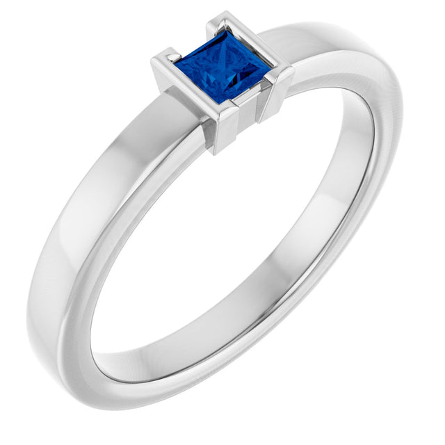 14K Gold Marquise Natural Blue Sapphire Half-Bezel Family Stackable Ring - White Gold
