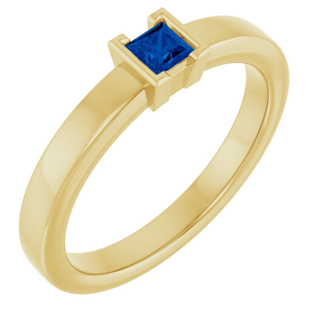 14K Gold Marquise Natural Blue Sapphire Half-Bezel Family Stackable Ring - Yellow Gold