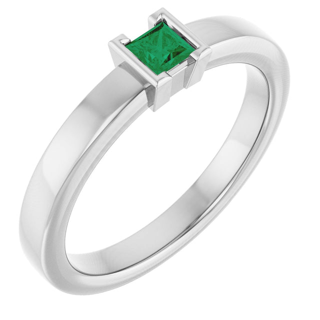 14K Gold Emerald Natural Emerald Half-Bezel Family Stackable Ring - White Gold