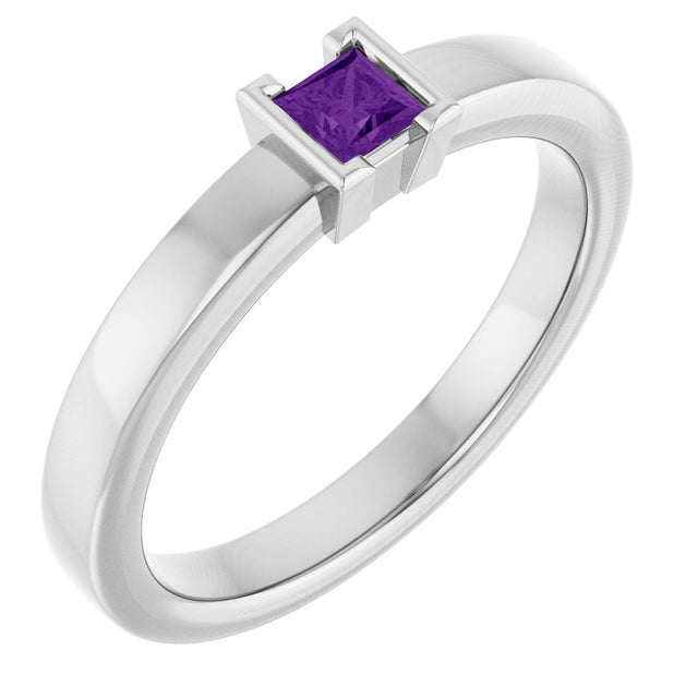 14K Gold Emerald Natural Amethyst Half-Bezel Family Stackable Ring - White Gold