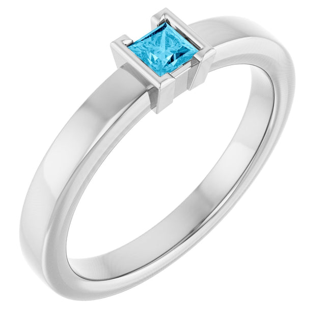 14K Gold Emerald Natural Aquamarine Half-Bezel Family Stackable Ring - White Gold