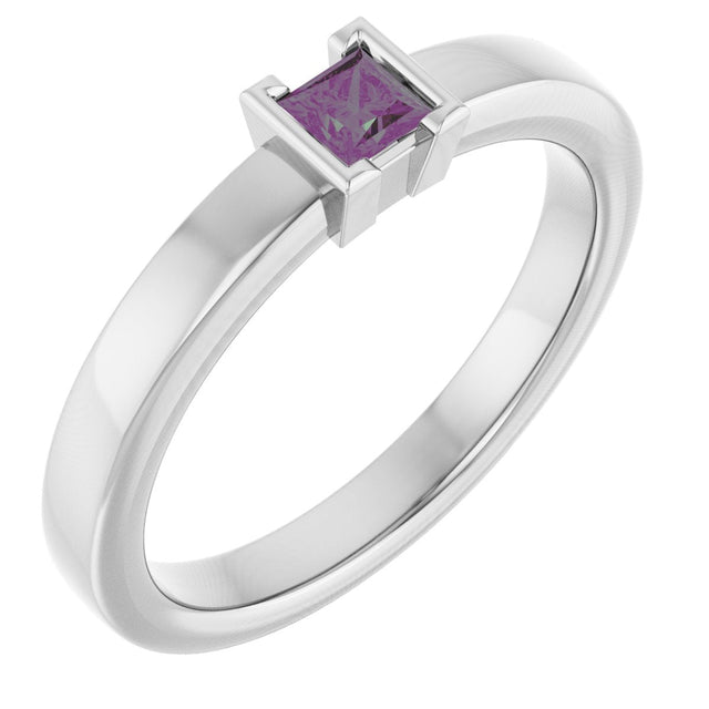 14K Gold Emerald Lab-Grown Alexandrite Half-Bezel Family Stackable Ring - White Gold