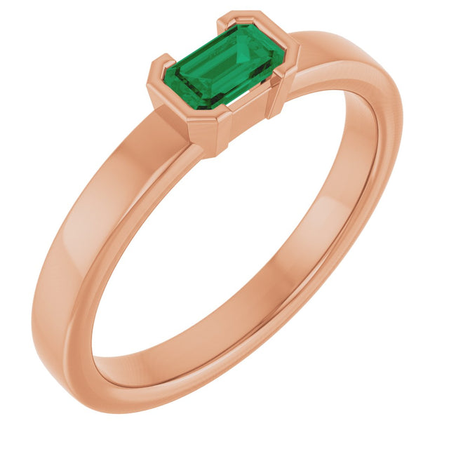 14K Gold Emerald Lab-Grown Emerald Half-Bezel Family Stackable Ring - Rose Gold