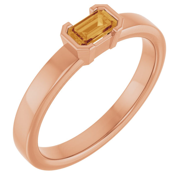 14K Gold Emerald Natural Citrine Half-Bezel Family Stackable Ring - Rose Gold